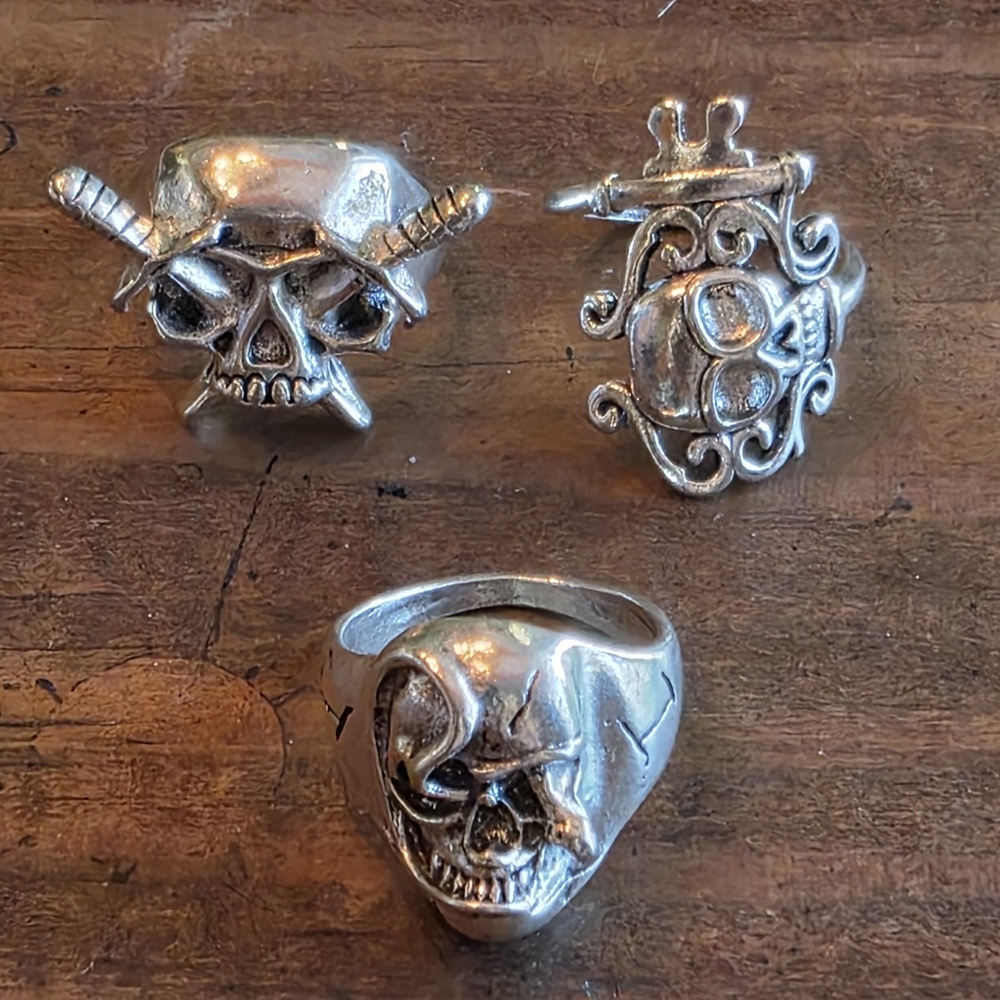 Silver Skull Ring Set Lot Of 3 Silvertone Rings Sizes 7, 7.5 & 8.5